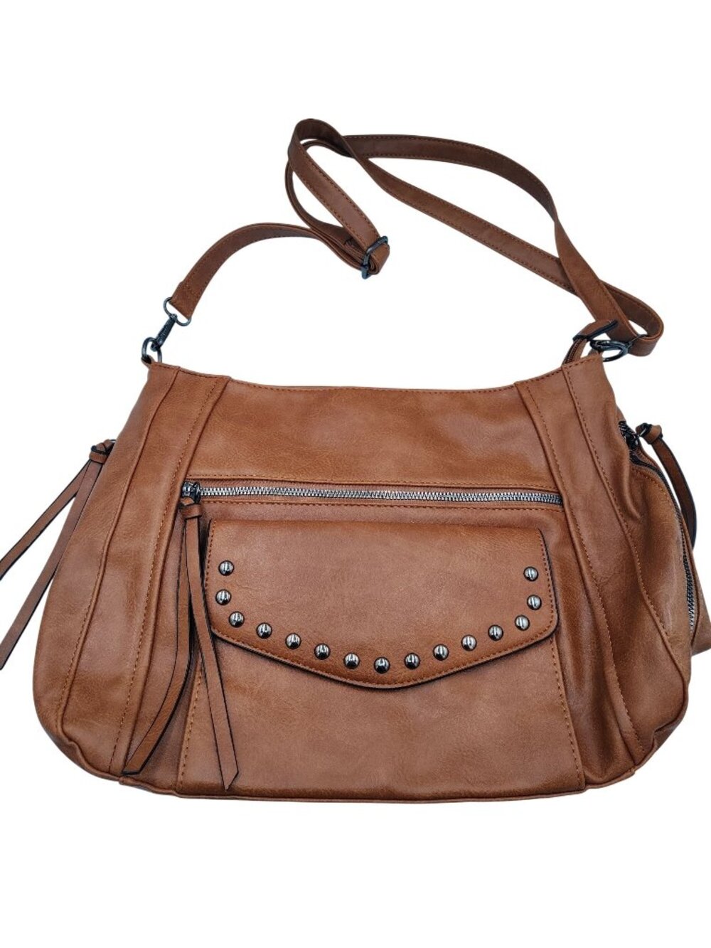 Brown Purse Sam & Hadley Large Shoulder Bag Multi Compartment Studded Detail